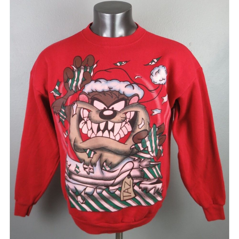 Vintage Warner Bros. Freeze TAZ Christmas Ugly Sweatshirt Crewneck Red 1995‎ M/L